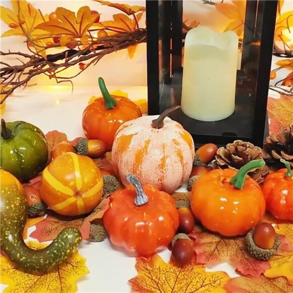 50-Piece Fall Pumpkins Decor Set: Mini Artificial Gourds, Leaves & Acorns - Picture 3 of 7